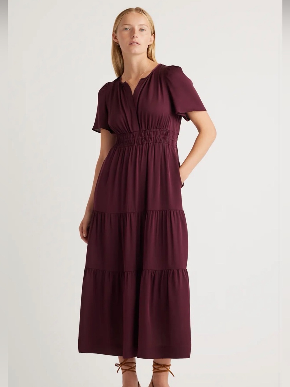 Quince Washable Stretch Silk Tiered Maxi Dress XS Wine Tasting Red NWT